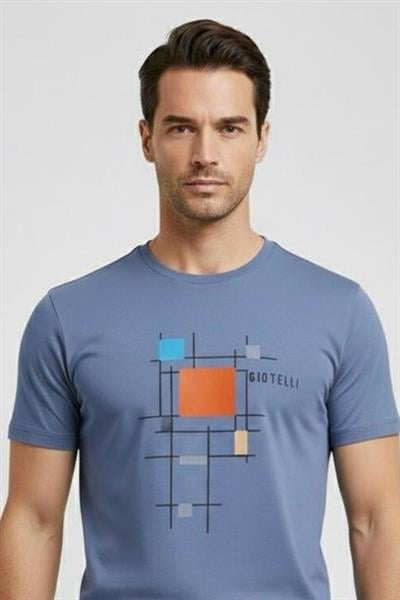 Giotelli Gri Slim Fit %100 Pamuk Baskılı Bisiklet Yaka Erkek Tişört