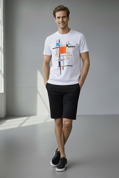 BASKILI BİSİKLET YAKA ERKEK TİŞÖRT Ekru