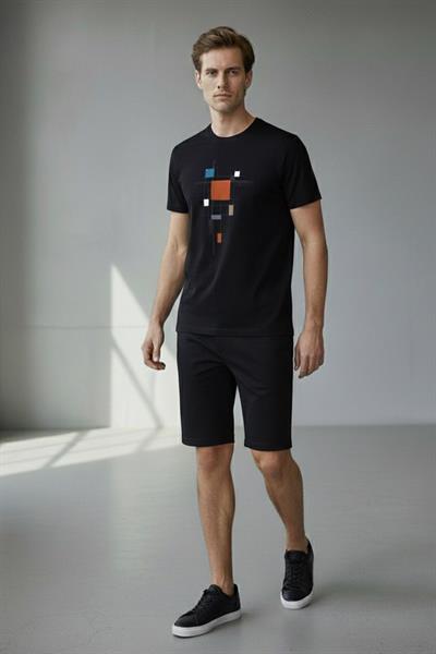 BASKILI BİSİKLET YAKA ERKEK TİŞÖRT Siyah