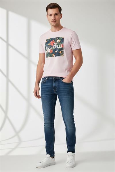 BASKILI BİSİKLET YAKA ERKEK T-SHIRT Pembe