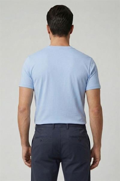 Giotelli Erkek Mavi Dar Kesim Slim Fit Pamuklu Örme Baskılı Bisiklet Yaka Tişört