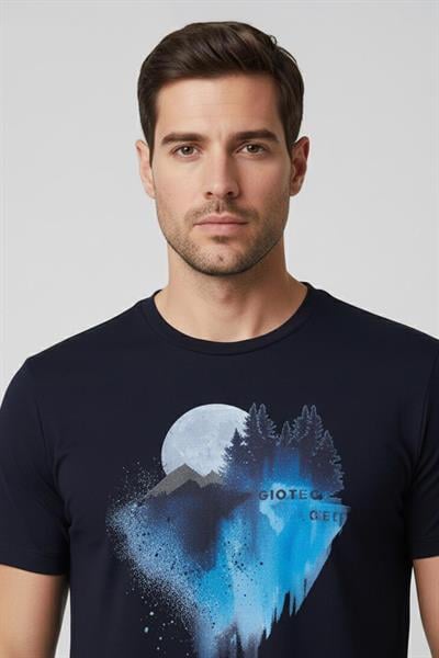 Giotelli Lacivert Slim Fit %100 Pamuk Baskılı Bisiklet Yaka Erkek Tişört