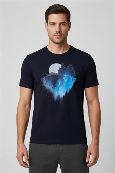 Giotelli Lacivert Slim Fit %100 Pamuk Baskılı Bisiklet Yaka Erkek Tişört