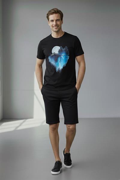 BASKILI BİSİKLET YAKA T-SHIRT Siyah