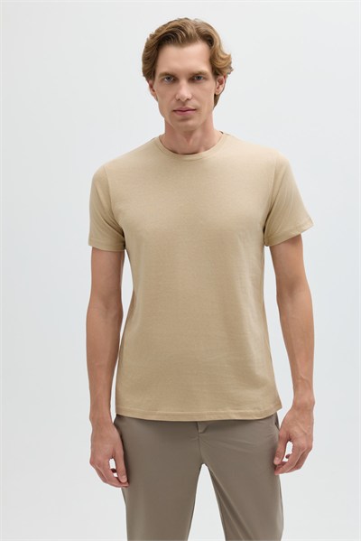 Bej %100 Pamuk Bisiklet Yaka Düz Renk Basic T-Shirt