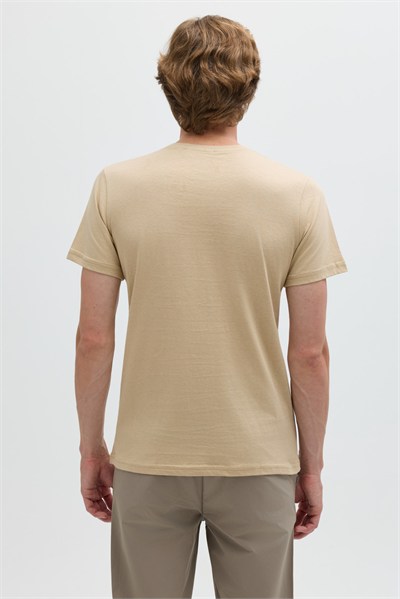Bej %100 Pamuk Bisiklet Yaka Düz Renk Basic T-Shirt