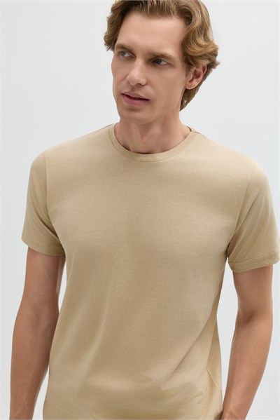 Bej %100 Pamuk Bisiklet Yaka Düz Renk Basic T-Shirt