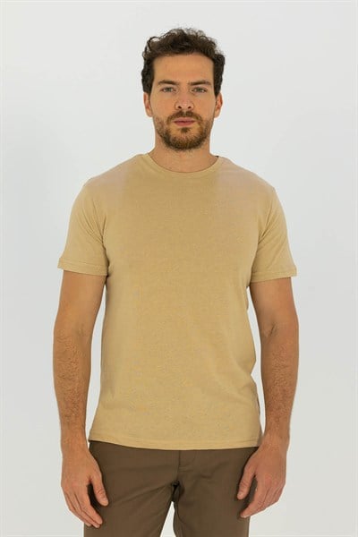 Bej %100 Pamuk Bisiklet Yaka Düz Renk Basic T-Shirt