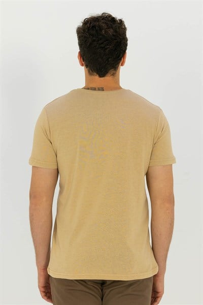 Bej %100 Pamuk Bisiklet Yaka Düz Renk Basic T-Shirt