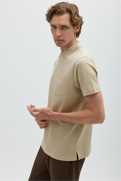 Bej %100 Pamuk Cepli Polo Yaka T-shirt