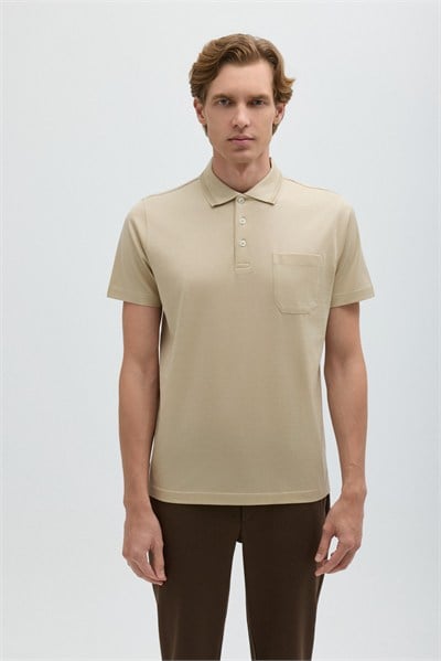 Bej %100 Pamuk Cepli Polo Yaka T-shirt