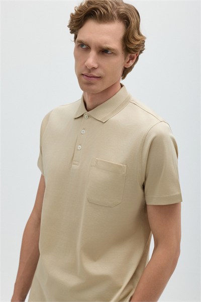 Bej %100 Pamuk Cepli Polo Yaka T-shirt