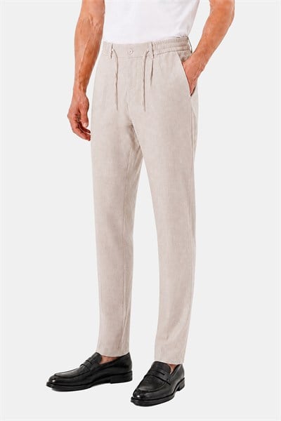 Bej Keten Görünümlü Arka Lastikli Köprü Kemerli Bağcıklı Regular Fit Jogger Pantolon