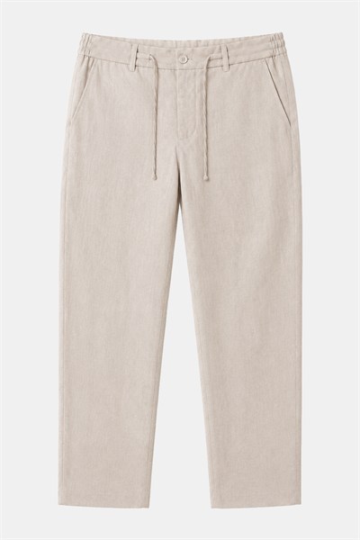 Bej Keten Görünümlü Arka Lastikli Köprü Kemerli Bağcıklı Regular Fit Jogger Pantolon