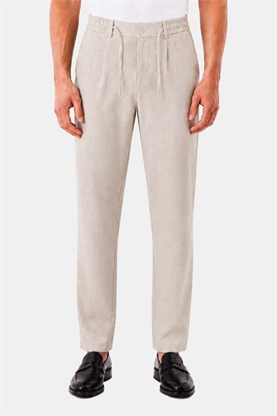 Bej Keten Görünümlü Arka Lastikli Köprü Kemerli Bağcıklı Regular Fit Jogger Pantolon