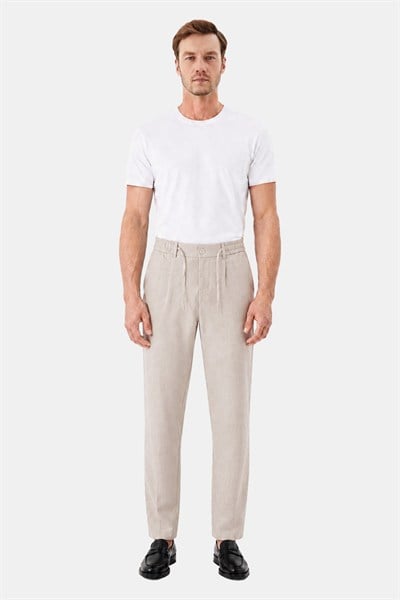 Bej Keten Görünümlü Arka Lastikli Köprü Kemerli Bağcıklı Regular Fit Jogger Pantolon