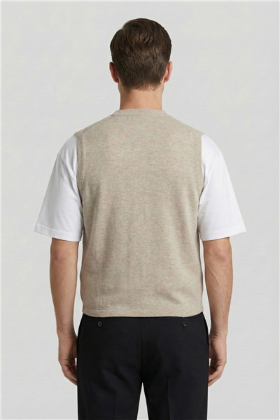 Giotelli Erkek Bej Melanj Standart Fit Yün Karışımlı Düğmeli Triko Süveter