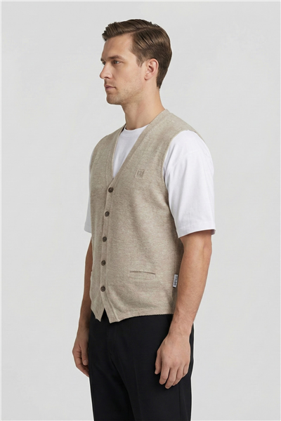 Giotelli Erkek Bej Melanj Standart Fit Yün Karışımlı Düğmeli Triko Süveter