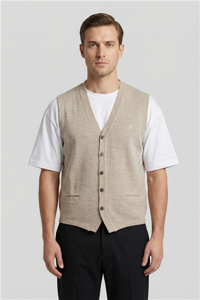 Giotelli Erkek Bej Melanj Standart Fit Yün Karışımlı Düğmeli Triko Süveter