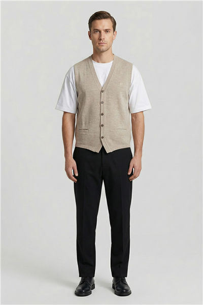 Giotelli Erkek Bej Melanj Standart Fit Yün Karışımlı Düğmeli Triko Süveter