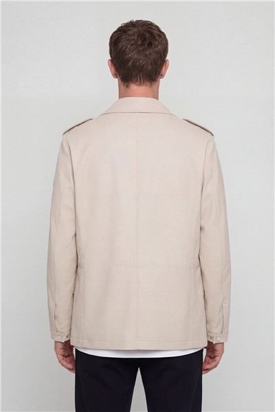 Giotelli Erkek Bej Normal Kesim Regular Fit Keten Gabardin Kapaklı Torba Cep Tam Astarlı Polo Yaka Fermuarlı Mont