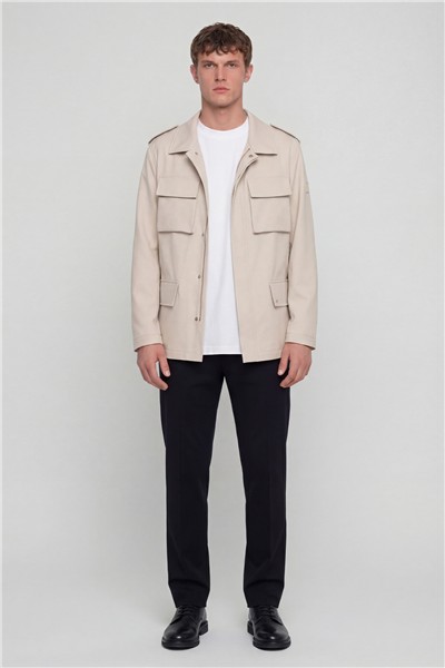 Giotelli Erkek Bej Normal Kesim Regular Fit Keten Gabardin Kapaklı Torba Cep Tam Astarlı Polo Yaka Fermuarlı Mont