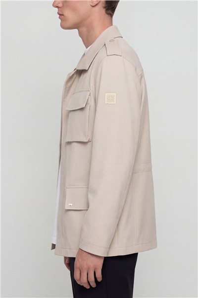 Giotelli Erkek Bej Normal Kesim Regular Fit Keten Gabardin Kapaklı Torba Cep Tam Astarlı Polo Yaka Fermuarlı Mont