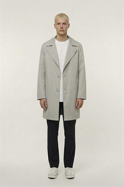 Erkek Bej Geniş Kesim Oversize Fit Pamuklu Dokuma Yan Cepli Orta Boy Ceket Yaka Trençkot
