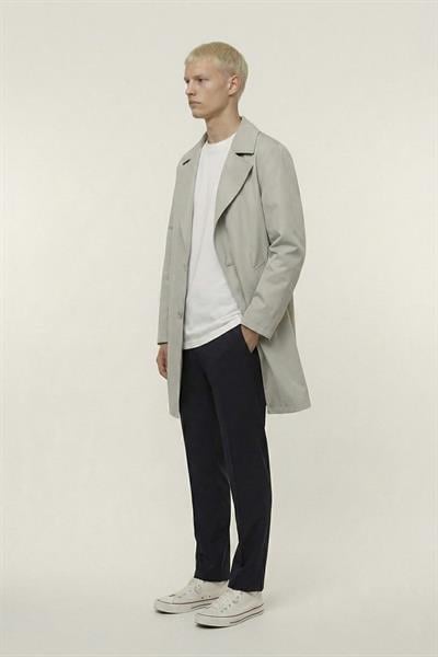 Erkek Bej Geniş Kesim Oversize Fit Pamuklu Dokuma Yan Cepli Orta Boy Ceket Yaka Trençkot