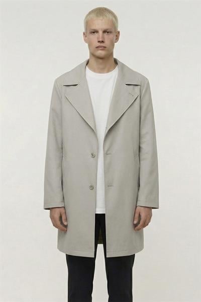 Erkek Bej Geniş Kesim Oversize Fit Pamuklu Dokuma Yan Cepli Orta Boy Ceket Yaka Trençkot