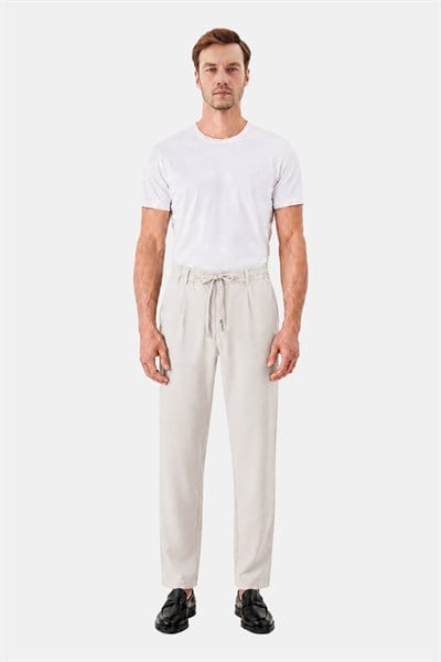 Bej Dokulu Arka Lastikli Köprü Kemerli Bağcıklı Slim Fit Jogger Pantolon