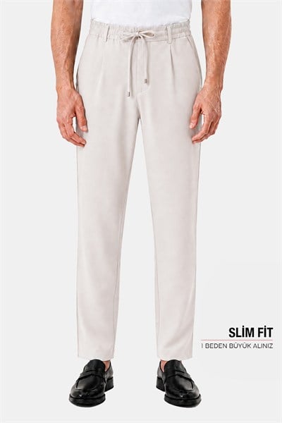 Bej Dokulu Arka Lastikli Köprü Kemerli Bağcıklı Slim Fit Jogger Pantolon