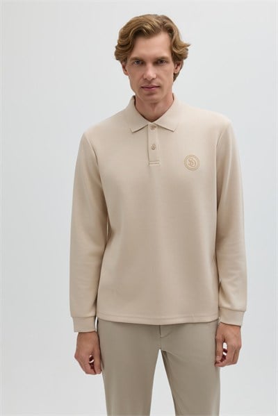 Bej Regular Fit Polo Yaka Erkek Sweatshirt