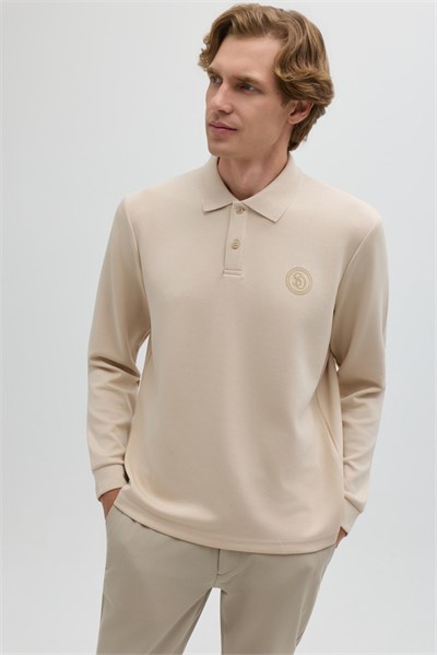Bej Regular Fit Polo Yaka Erkek Sweatshirt