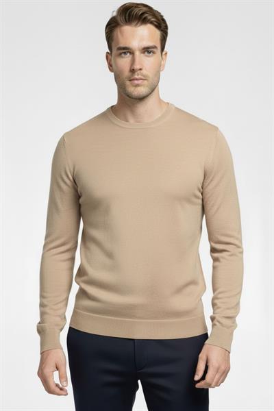 Erkek Bej Normal Kesim Regular Fit Pamuklu Dokuma Bisiklet Yaka Triko Kazak