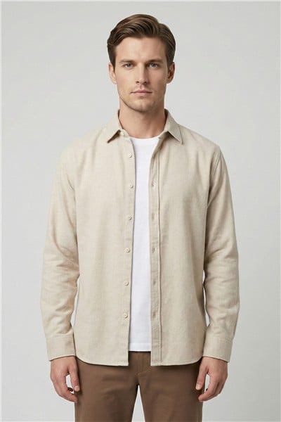Erkek Bej Normal Kesim Regular Fit Pamuklu Uzun Kollu Düz Polo Yaka Oduncu Gömlek