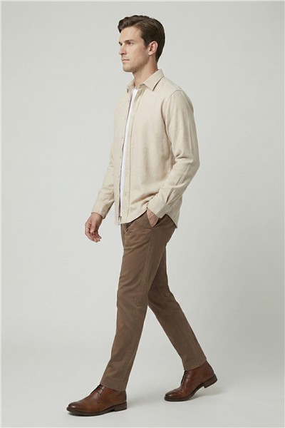 Erkek Bej Normal Kesim Regular Fit Pamuklu Uzun Kollu Düz Polo Yaka Oduncu Gömlek