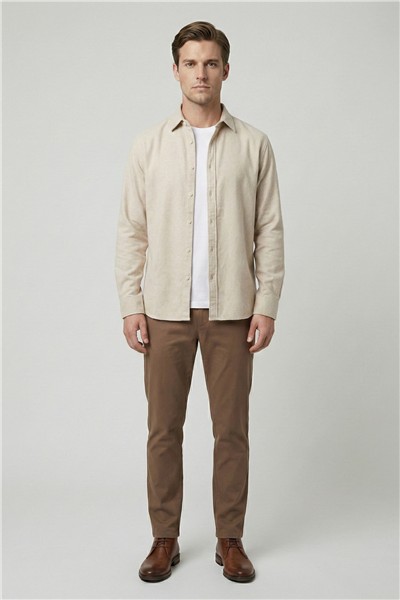Erkek Bej Normal Kesim Regular Fit Pamuklu Uzun Kollu Düz Polo Yaka Oduncu Gömlek