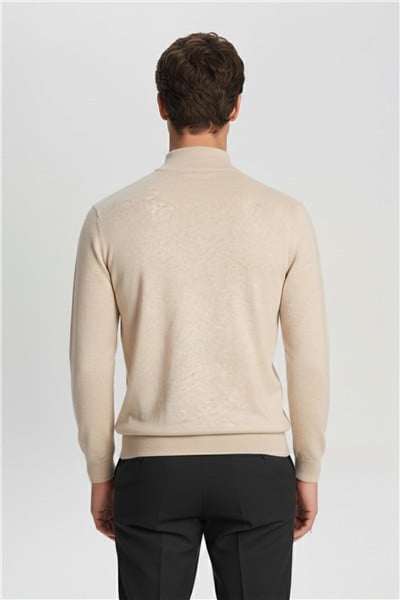 Bej Regular Fit Pamuklu Yarım Balıkçı Yaka Erkek Triko Kazak