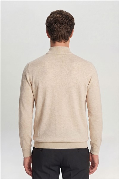 Erkek Bej Normal Kesim Regular Fit Pamuklu Yarım Balıkçı Yaka Triko Kazak