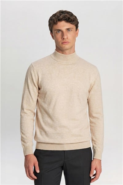 Erkek Bej Normal Kesim Regular Fit Pamuklu Yarım Balıkçı Yaka Triko Kazak