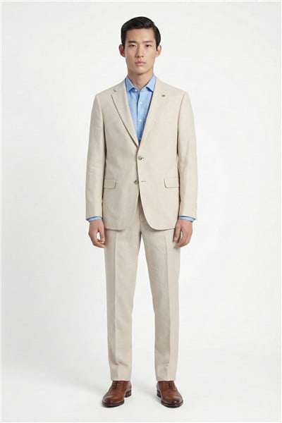 Bej Regular Fit Yünlü Mono Yaka Yelekli Takım Elbise