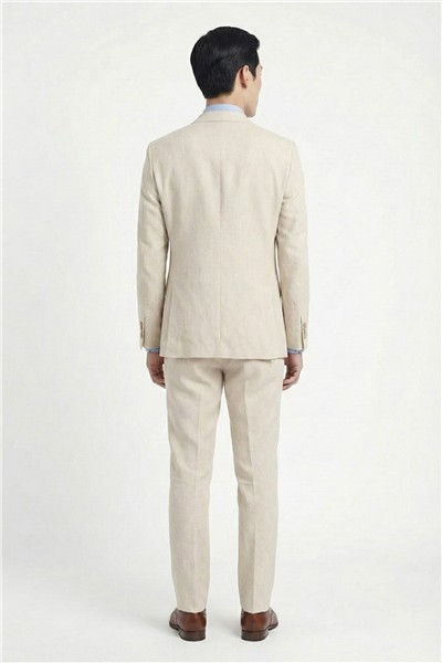 Bej Regular Fit Yünlü Mono Yaka Yelekli Takım Elbise