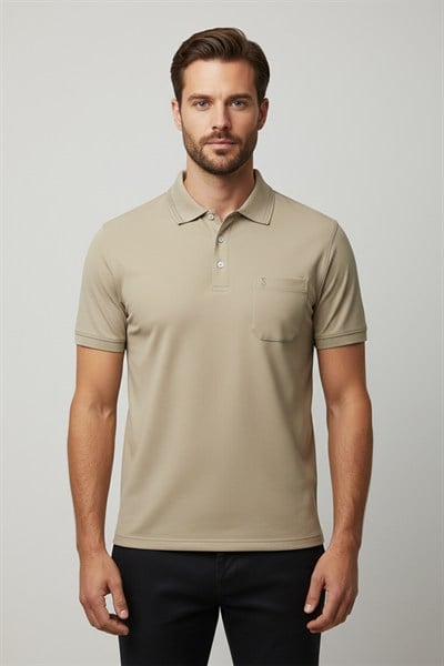 Bej %100 Pamuk Polo Yaka T-shirt