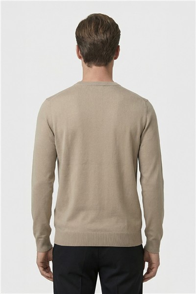 Standart Fit Bej Yün Karışımlı Sıfır Yaka Düz Desen Triko Kazak