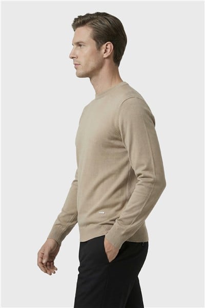 Standart Fit Bej Yün Karışımlı Sıfır Yaka Düz Desen Triko Kazak