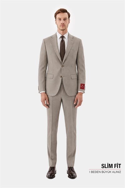 Bej Slim Fit Normal Bel 6 Drop Mono Yaka Takım Elbise