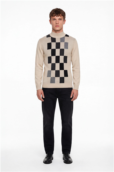 Erkek Bej Normal Kesim Regular Fit Yünlü Dokuma Desenli Triko Kazak