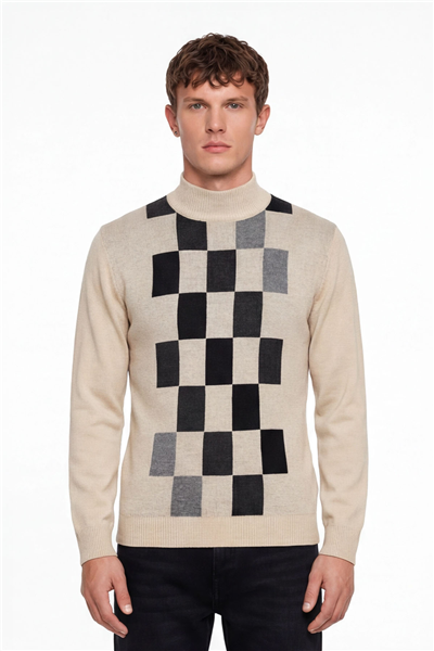 Erkek Bej Normal Kesim Regular Fit Yünlü Dokuma Desenli Triko Kazak