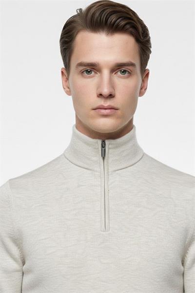 Bej Regular Fit Pamuklu Fermuarlı Yarım Balıkçı Yaka Erkek Triko Kazak
